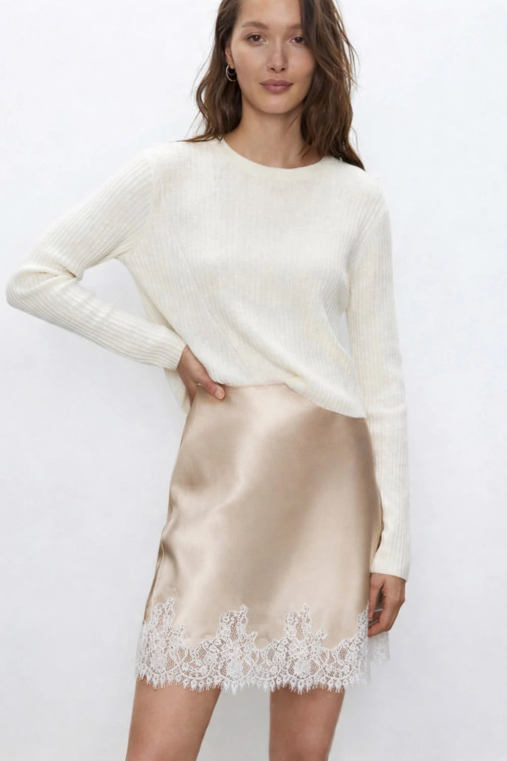Bias Silk Slip Mini Skirt with Lace Trim
