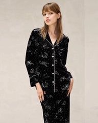 Black Zodiac Print Long Sleeve Silk Pajama Set