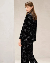 Black Zodiac Print Long Sleeve Silk Pajama Set