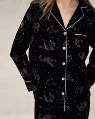 Black Zodiac Print Long Sleeve Silk Pajama Set