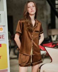 Short Sleeve Silk Pajama Set with Contrast Piping
