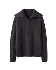 Cable Knit Half Zip Cashmere Sweater with Collar
