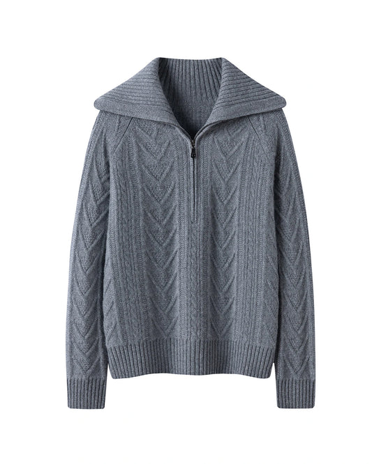 Cable Knit Half Zip Cashmere Sweater with Collar