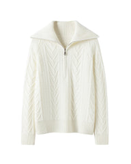 Cable Knit Half Zip Cashmere Sweater with Collar