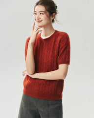 Cashmere Silk Cable Knit Short Sleeve Top