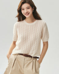 Cashmere Silk Cable Knit Short Sleeve Top