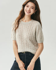 Cashmere Silk Cable Knit Short Sleeve Top