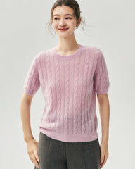 Cashmere Silk Cable Knit Short Sleeve Top