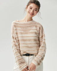 Cashmere Silk Open Knit Striped Boat Neck Sweater