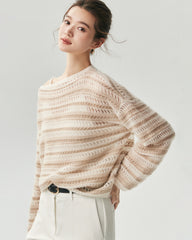 Cashmere Silk Open Knit Striped Boat Neck Sweater
