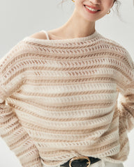 Cashmere Silk Open Knit Striped Boat Neck Sweater