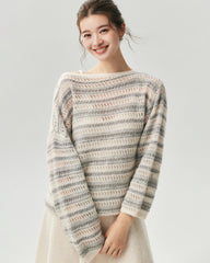 Cashmere Silk Open Knit Striped Boat Neck Sweater
