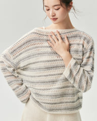 Cashmere Silk Open Knit Striped Boat Neck Sweater