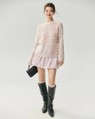 Cashmere Silk Open Knit Striped Boat Neck Sweater