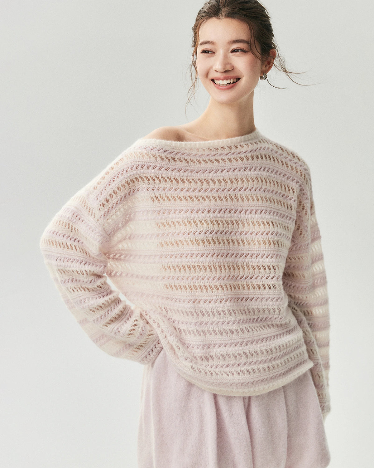Cashmere Silk Open Knit Striped Boat Neck Sweater