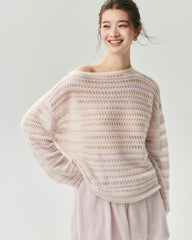 Cashmere Silk Open Knit Striped Boat Neck Sweater