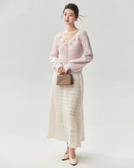 Cashmere Silk Ribbed V-Neck Floral Cardigan
