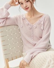 Cashmere Silk Ribbed V-Neck Floral Cardigan