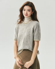 Cashmere Silk Tweed Trim Knit Top and Cardigan