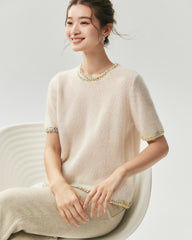Cashmere Silk Tweed Trim Knit Top and Cardigan