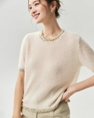 Cashmere Silk Tweed Trim Knit Top and Cardigan