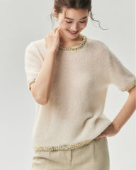 Cashmere Silk Tweed Trim Knit Top and Cardigan