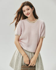 Cashmere Silk Tweed Trim Knit Top and Cardigan