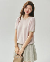 Cashmere Silk Tweed Trim Knit Top and Cardigan