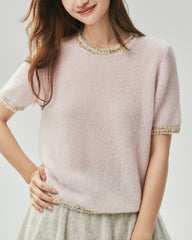 Cashmere Silk Tweed Trim Knit Top and Cardigan