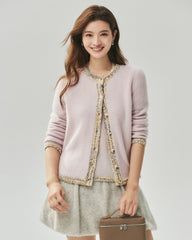 Cashmere Silk Tweed Trim Knit Top and Cardigan