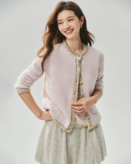 Cashmere Silk Tweed Trim Knit Top and Cardigan