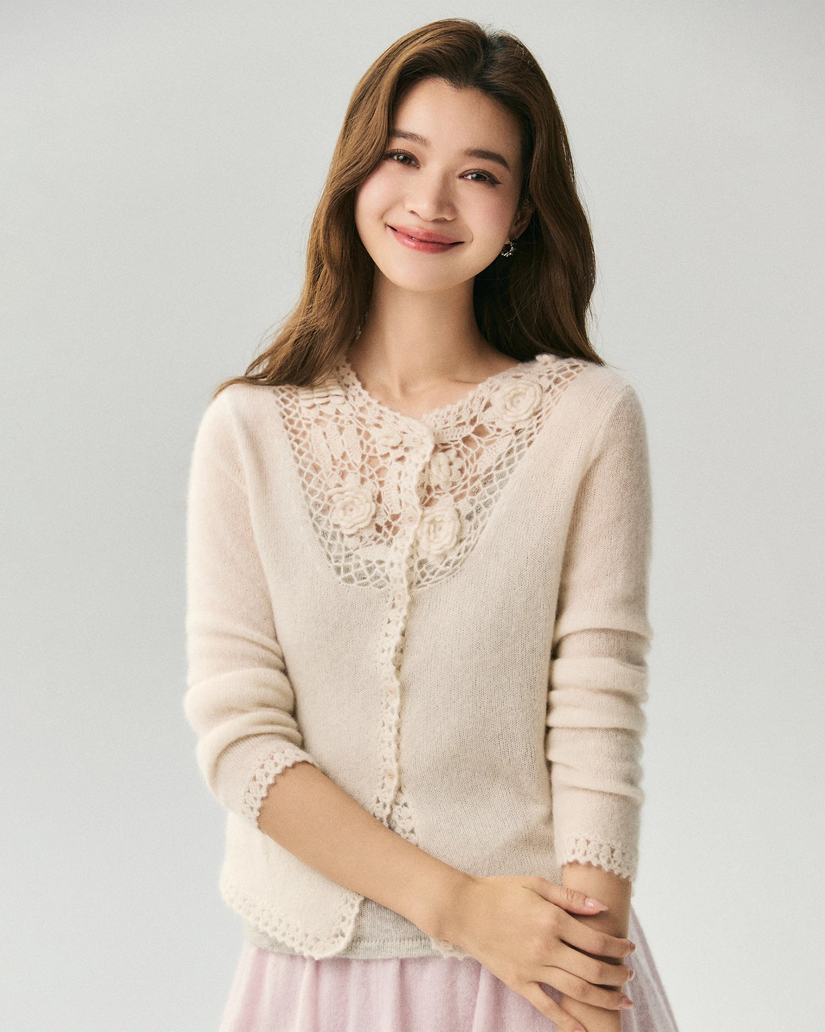 Cashmere Silk 3D Floral Cutout Cardigan