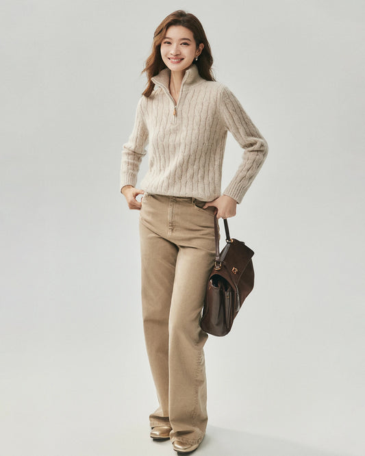 Cashmere Silk Cable Knit Half Zip Sweater