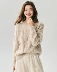 Cashmere Silk Chunky Cable Knit Crew Neck Sweater