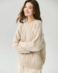 Cashmere Silk Chunky Cable Knit Crew Neck Sweater