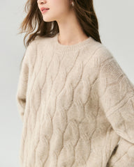 Cashmere Silk Chunky Cable Knit Crew Neck Sweater