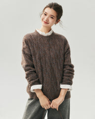 Cashmere Silk Chunky Cable Knit Crew Neck Sweater