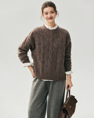 Cashmere Silk Chunky Cable Knit Crew Neck Sweater