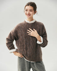 Cashmere Silk Chunky Cable Knit Crew Neck Sweater