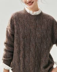 Cashmere Silk Chunky Cable Knit Crew Neck Sweater