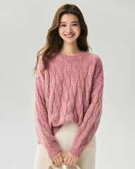 Cashmere Silk Chunky Cable Knit Crew Neck Sweater