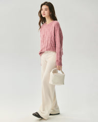 Cashmere Silk Chunky Cable Knit Crew Neck Sweater