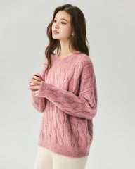 Cashmere Silk Chunky Cable Knit Crew Neck Sweater