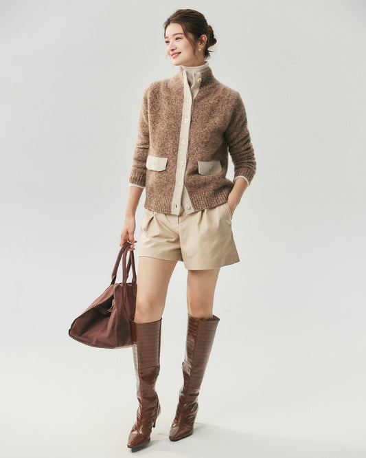 Cashmere Silk Contrast Trim Pocket Cardigan