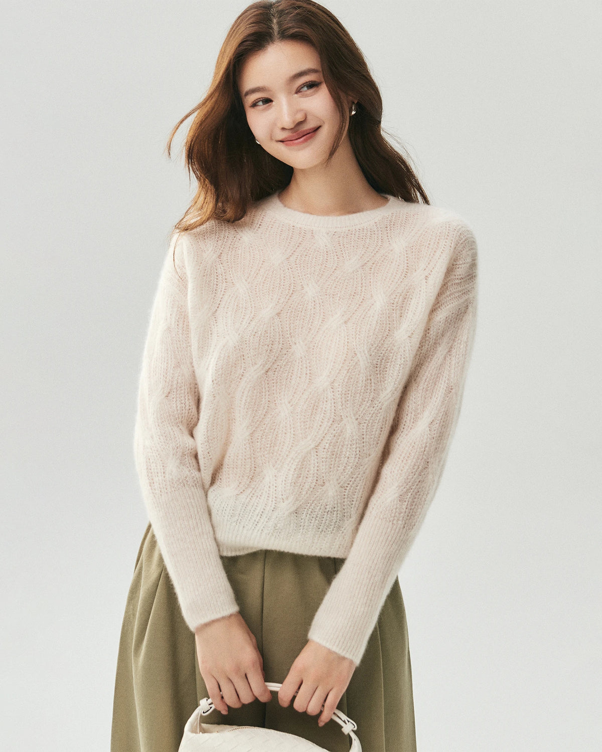 Cashmere Silk Diagonal Cable Knit Sweater