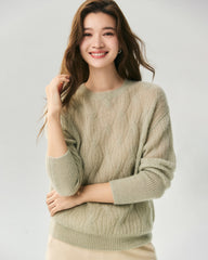 Cashmere Silk Diagonal Cable Knit Sweater