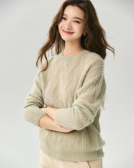 Cashmere Silk Diagonal Cable Knit Sweater