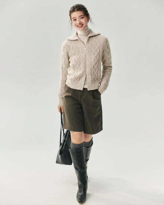 Cashmere Silk Diamond Cable Double Zip Cardigan
