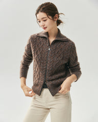 Cashmere Silk Diamond Cable Double Zip Cardigan