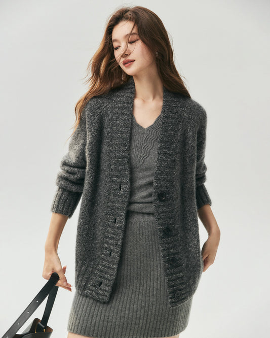 Cashmere Silk Marled Deep V-Neck Cardigan